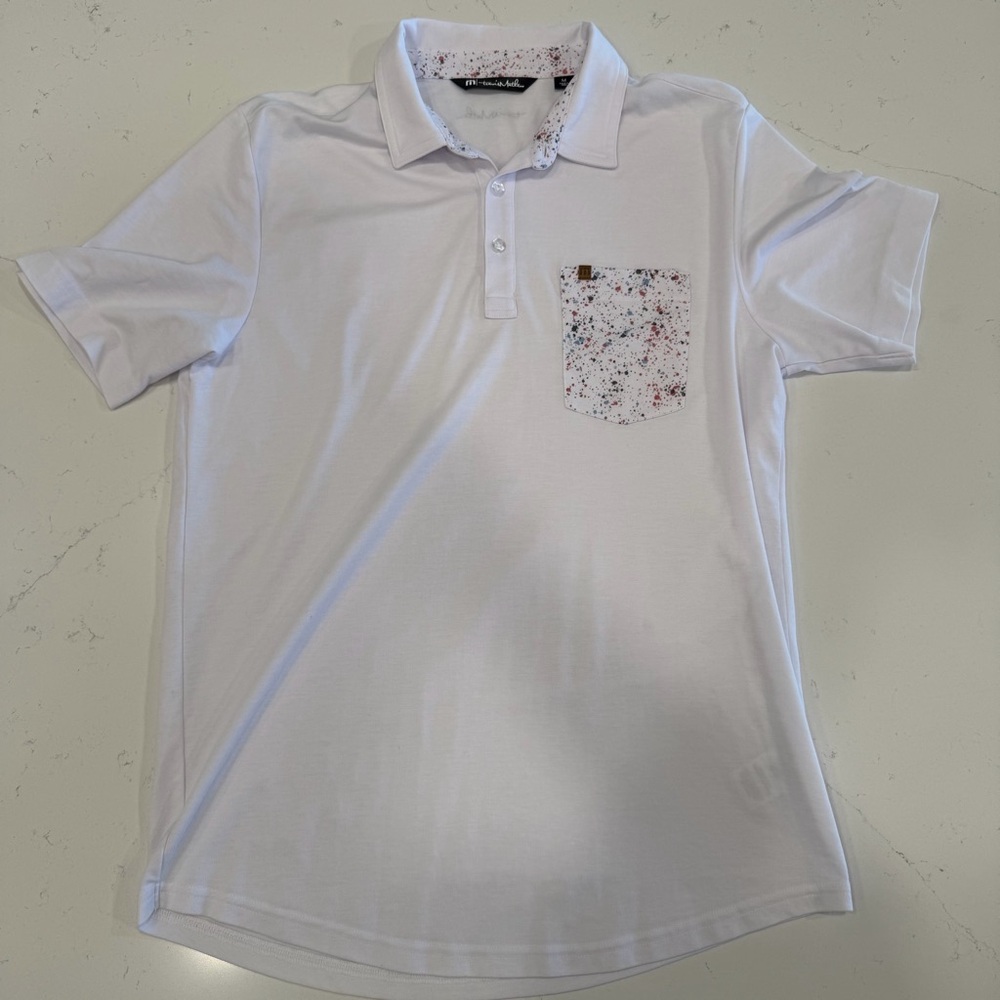Travis Mathew White Polo with Speckled Pocket Medium